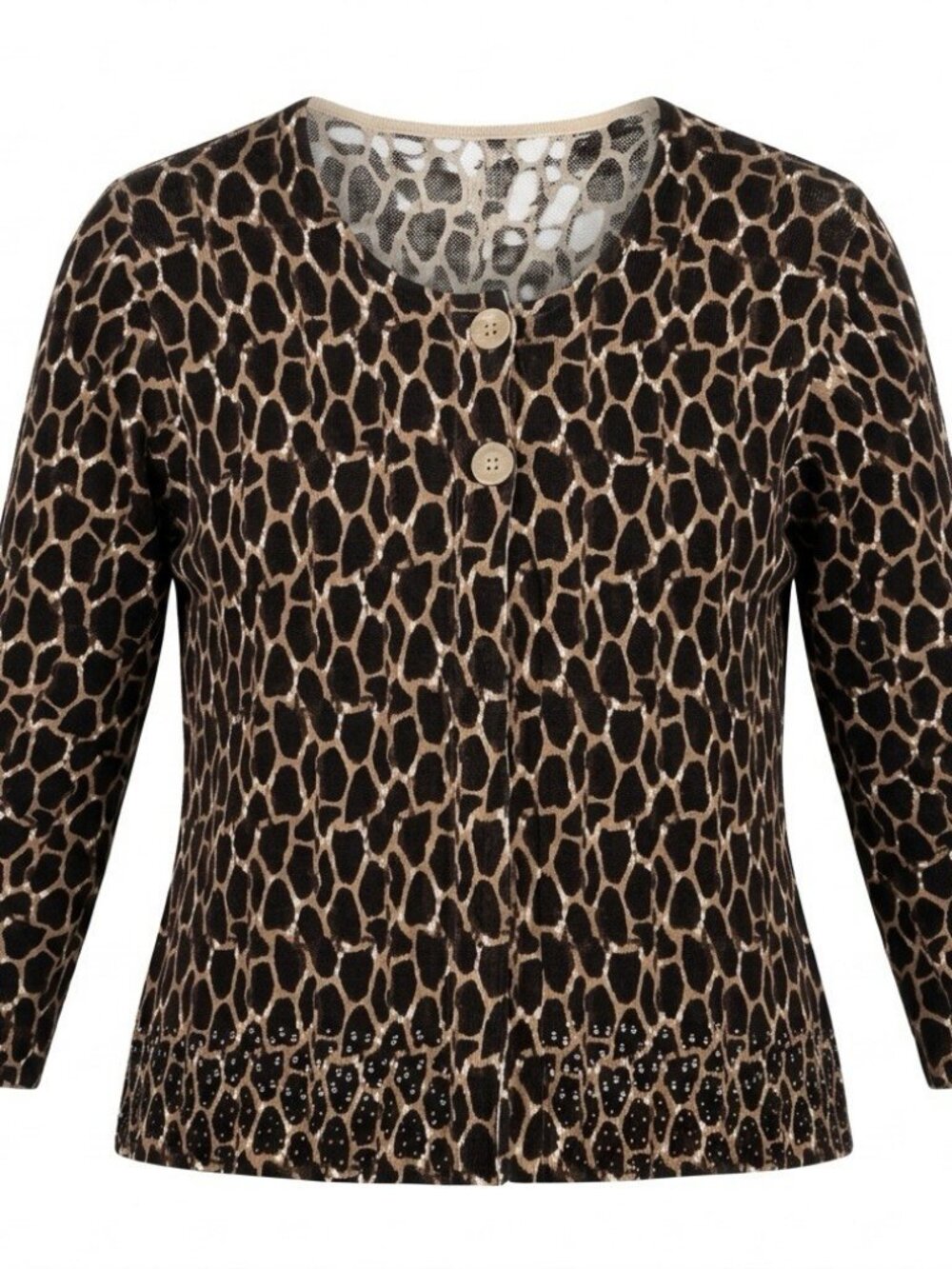 CHICOS Animal Print Linen Blend Cardigan Sweater Beaded Trim Knit Jacket Size L